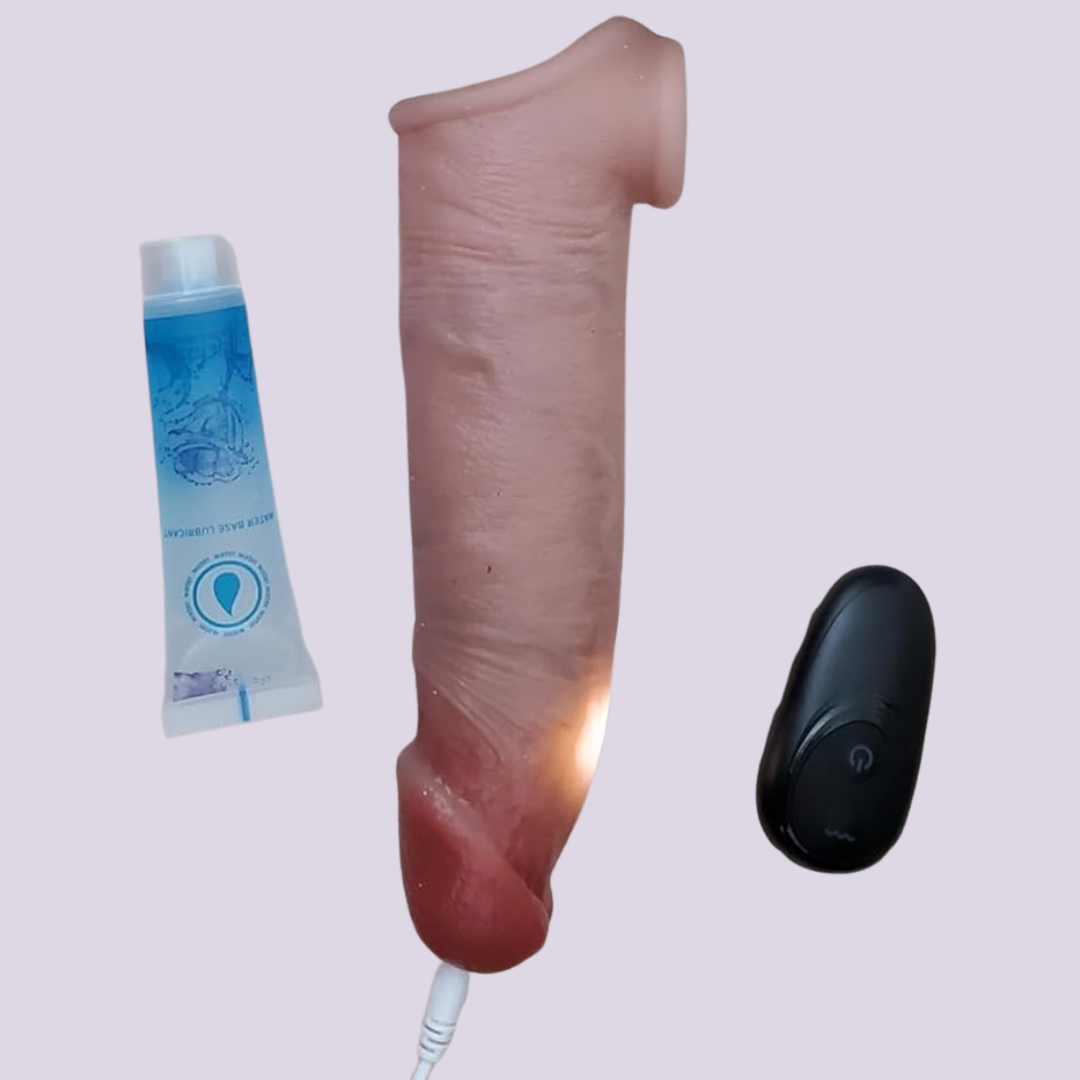 Side view of LaNoira MaximusVibe silicone girth enhancer sleeve with lubricant and remote