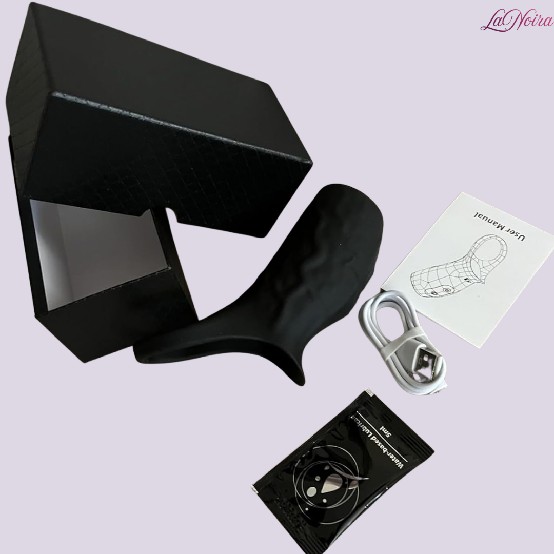 LaNoira ZephyrFlex 360 unboxed components showing sleeve, storage box, USB charger, lubricant sachet, and instruction manual