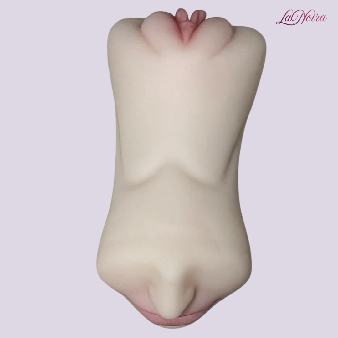 Full body view of Pleasure Trio pocket pussy masturbator showing ergonomic shape and smooth silicone finish
