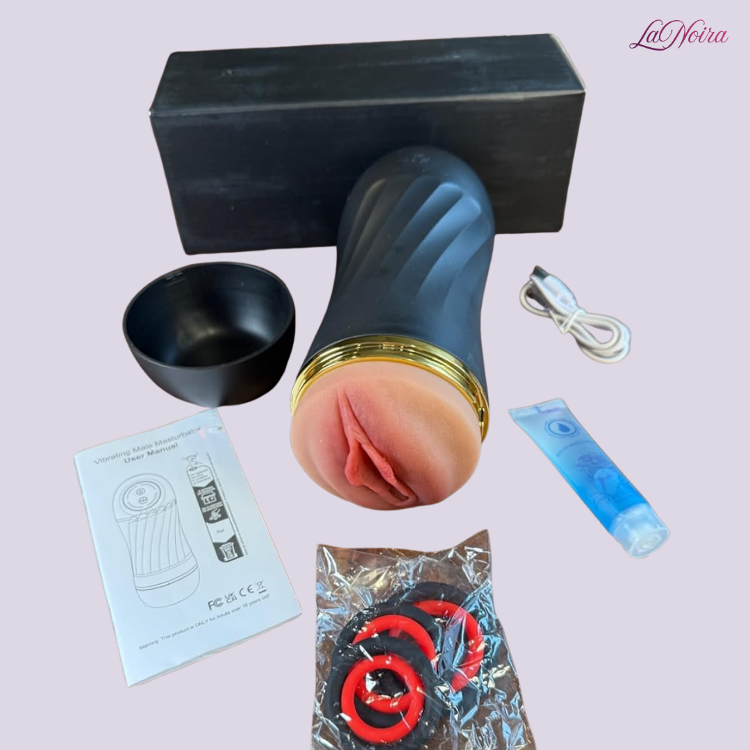 Hand-held view of Signature Pulse vibrating pleasure cup highlighting size, grip texture, and outer shell design