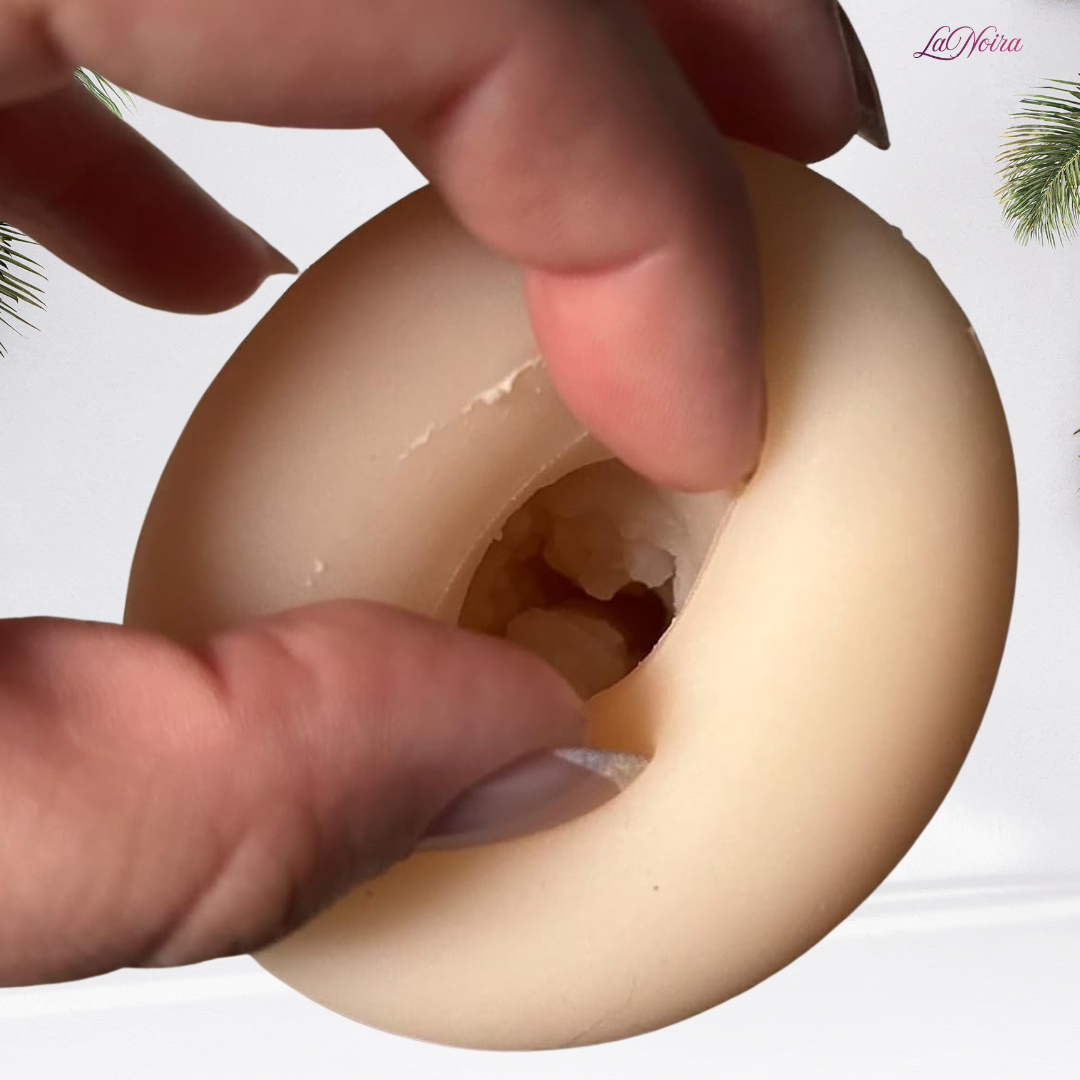 Close-up of SilkTouch pocket stroker opening demonstrating flexible silicone material and soft inner texture