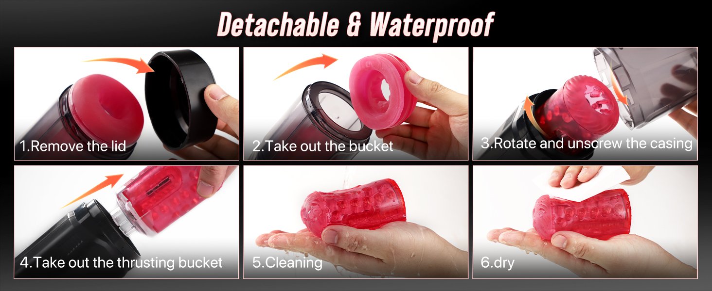 SyncMaster AI Pro voice command automatic stroker cleaning instructions showing detachable sleeve removal, washing, drying, and reassembly steps