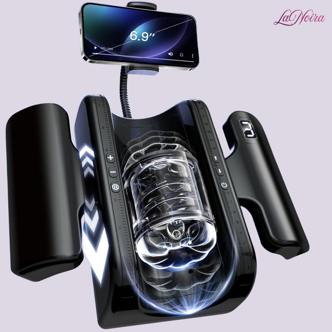 Thrustmaster 9X automatic thrusting stroker with transparent internal sleeve and smartphone holder mounted on top