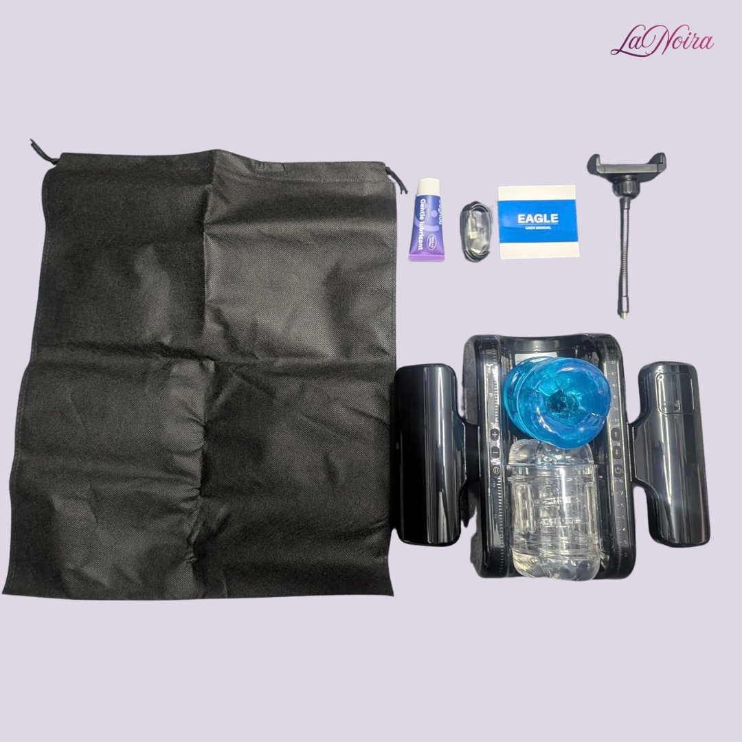 Thrustmaster 9X automatic thrusting stroker accessories layout including storage pouch, charging cable, lubricant, manual, phone holder, and device components