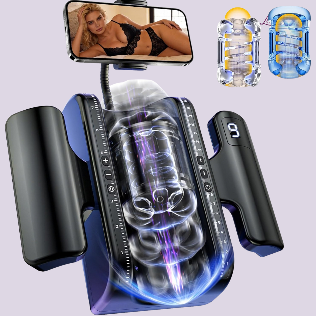 Thrustmaster 9X automatic thrusting stroker main product image showing internal thrusting motion visualization, smartphone holder, control buttons, and digital display