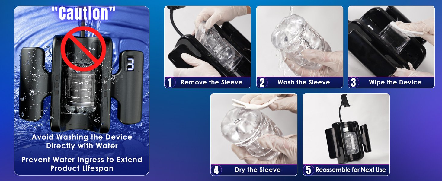 Thrustmaster 9X automatic thrusting stroker cleaning and maintenance instructions showing sleeve removal, washing, drying, and reassembly steps