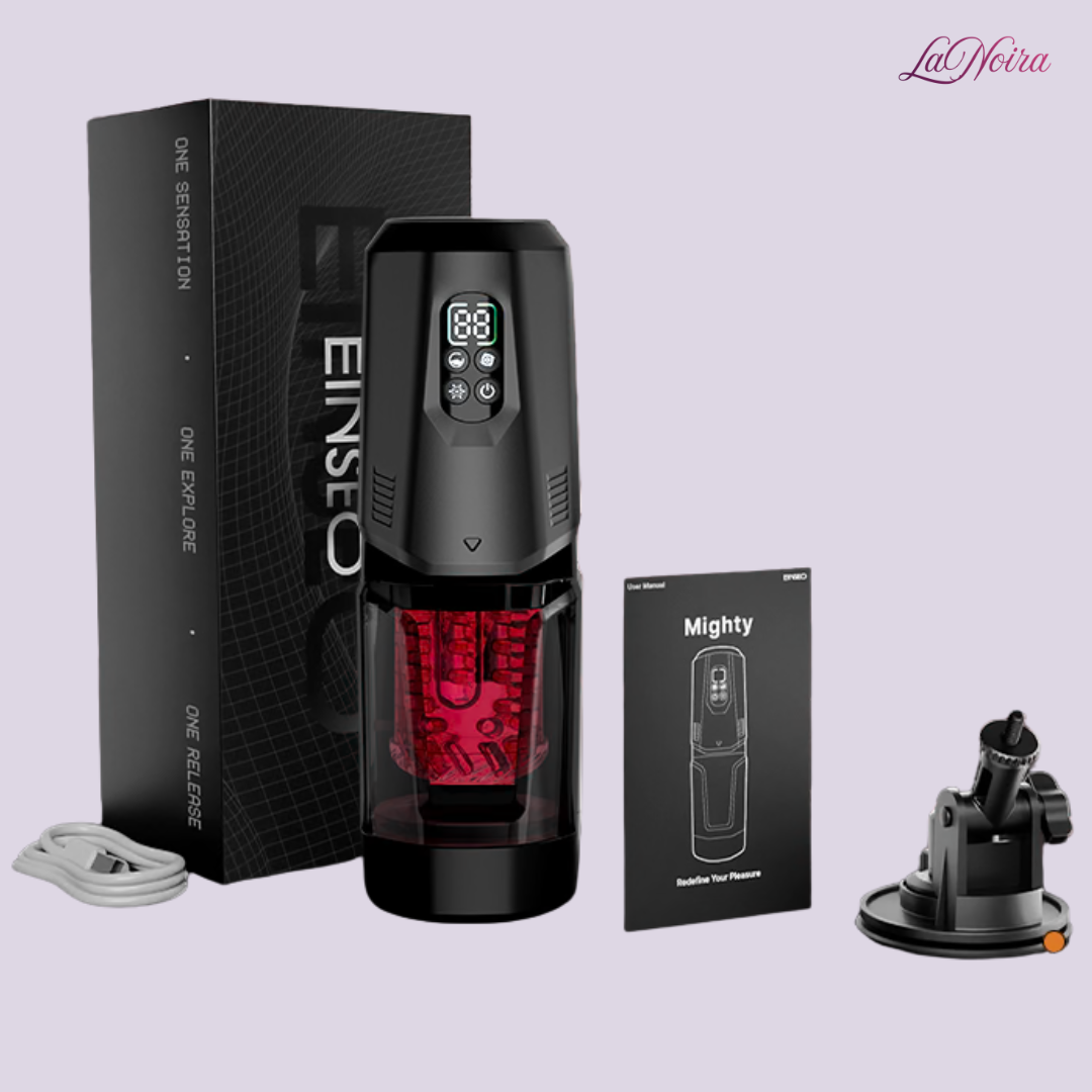 SyncMaster AI Pro voice command automatic stroker retail box contents displayed with device, suction mount, charging cable, lubricant, and packaging