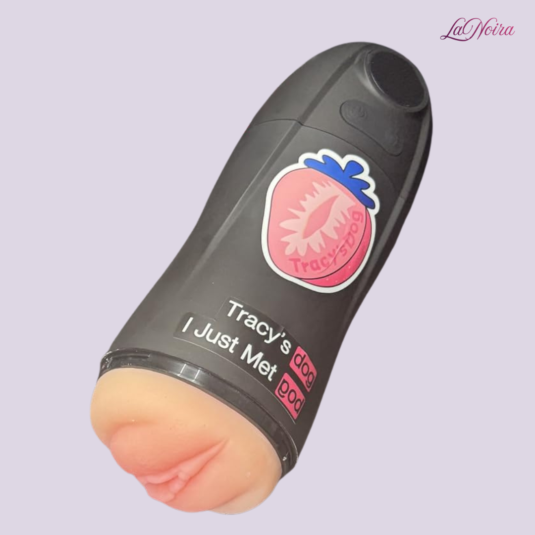 Tracy’s Dog Osburn X pleasure cup showing angled side view with branded outer casing