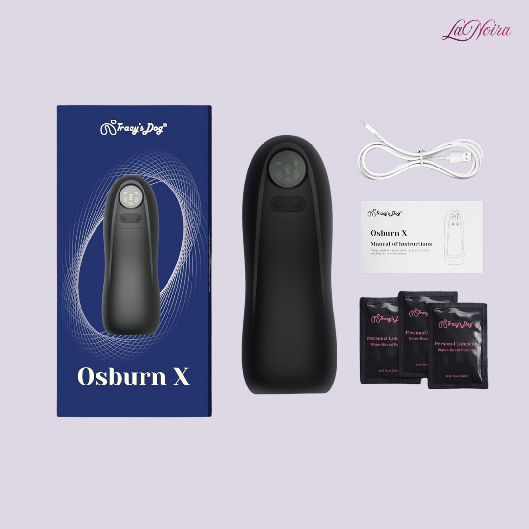 Tracy’s Dog Osburn X pleasure cup unboxing with USB charging cable, instruction manual, lubricant sachets, and packaging