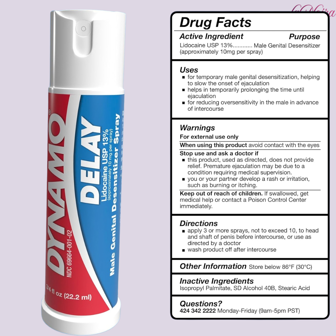 Dynamo Delay spray with 13 percent lidocaine showing product bottle and drug facts information panel