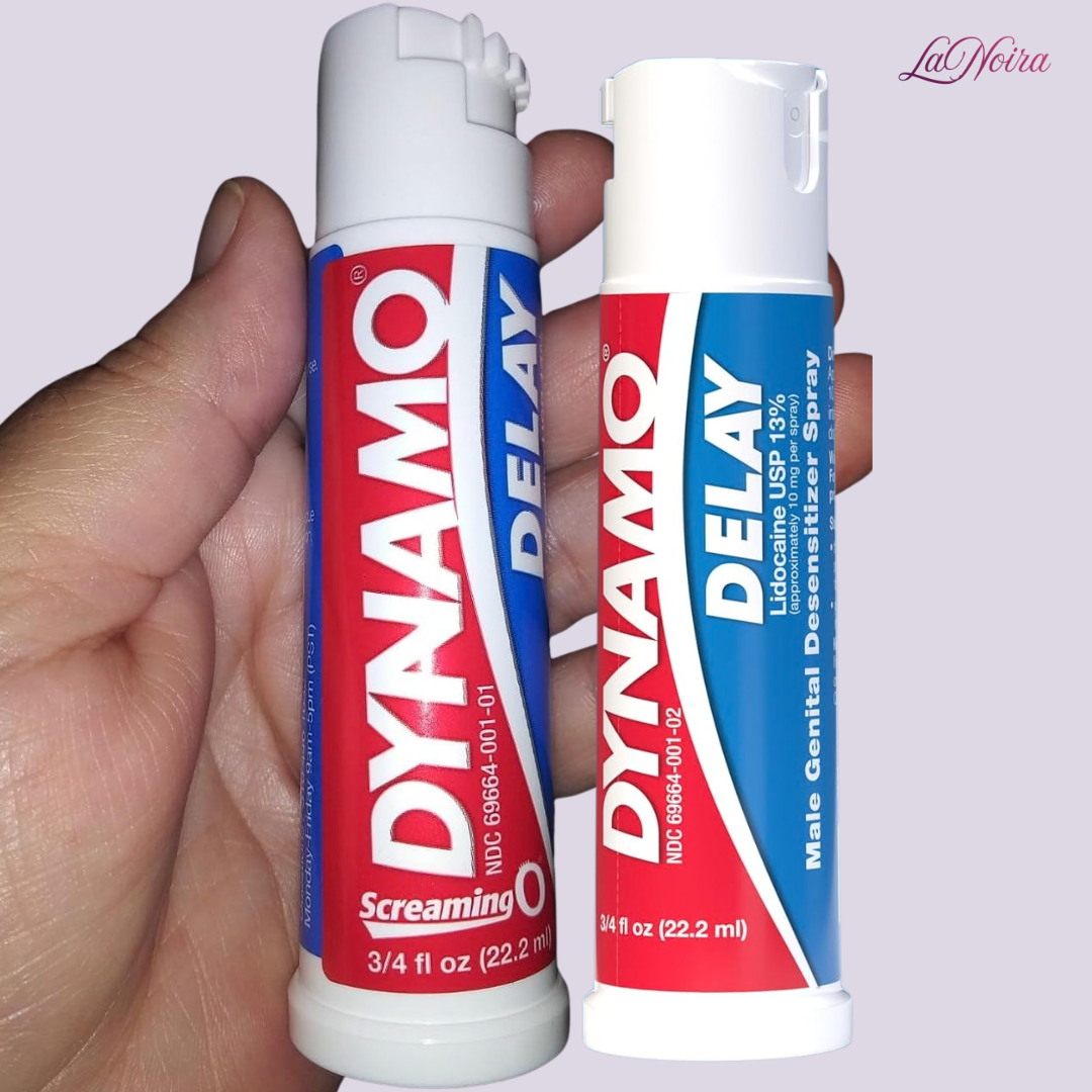 Hand-held comparison of Dynamo Delay spray bottles showing size, nozzle design and labeling