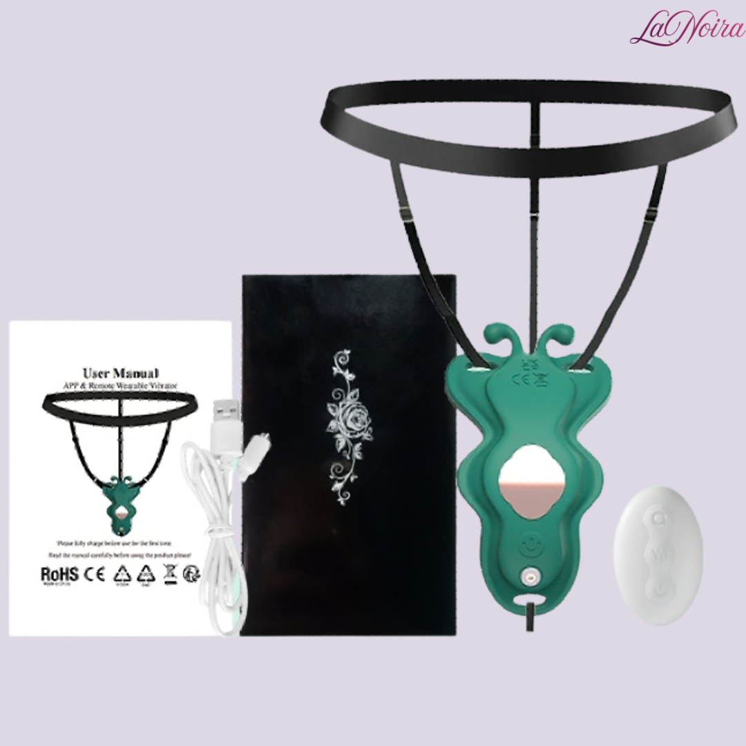 LaNoira butterfly app controlled thong vibrator with remote, charging cable, user manual and packaging contents