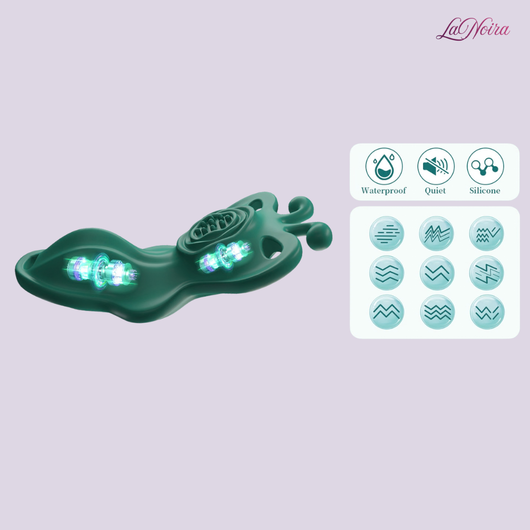 LaNoira butterfly wearable vibrator showing internal dual motor vibration modes, waterproof silicone design