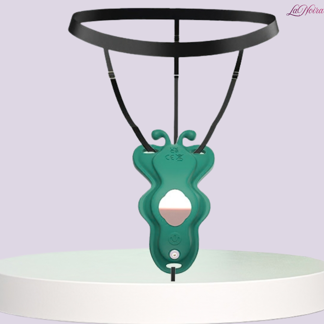 LaNoira butterfly thong vibrator attached to adjustable elastic strap, front view on display stand