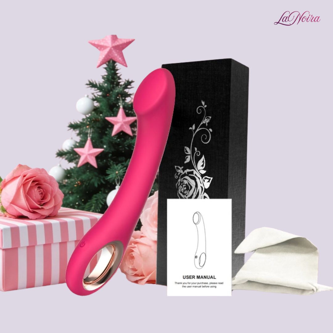 LaNoira Halo pink curved G-spot vibrator displayed with gift box, rose decor, user manual, and storage pouch