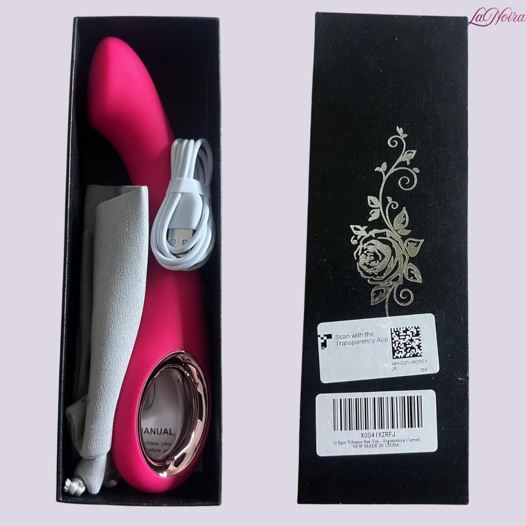 LaNoira Halo pink G-spot vibrator neatly packed inside black presentation box with charging cable and pouch