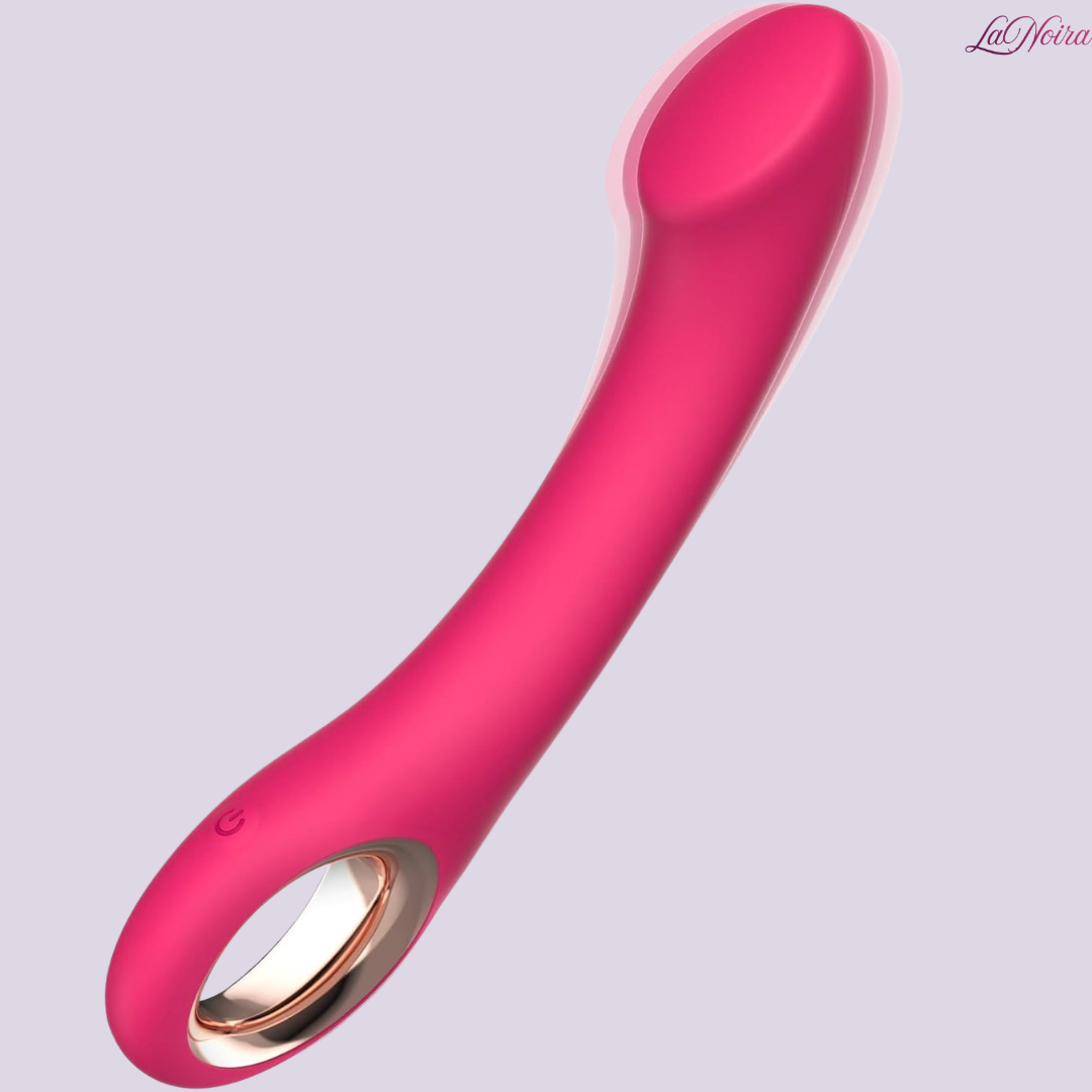 Close-up of LaNoira Halo pink silicone curved G-spot vibrator highlighting smooth finish and ergonomic shape