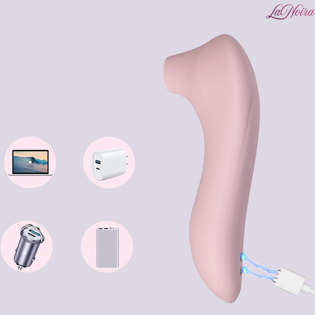 LaNoira Aura rechargeable clitoral stimulator with USB charging compatibility icons