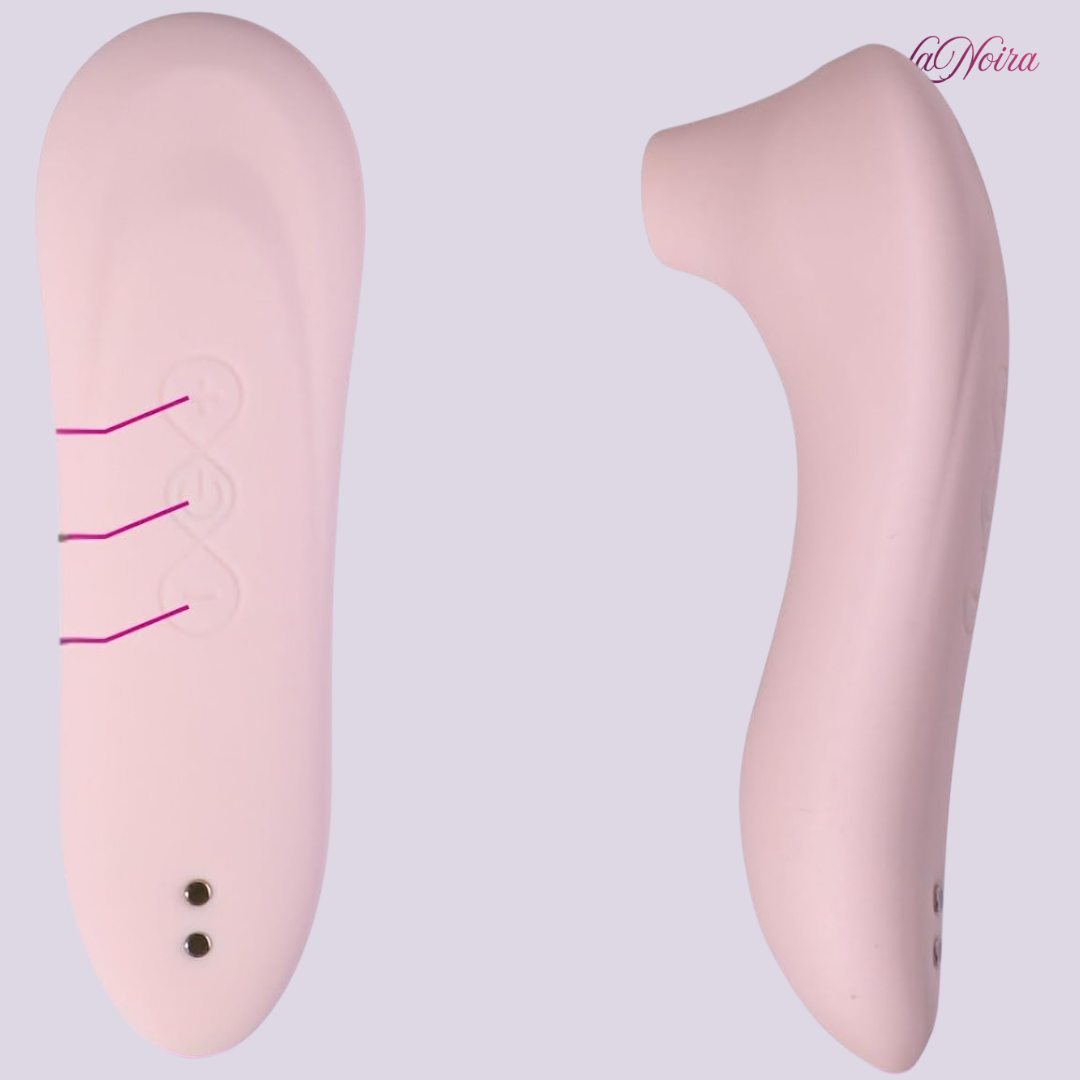 Front and side view of LaNoira Aura clitoral stimulator showing slim ergonomic profile