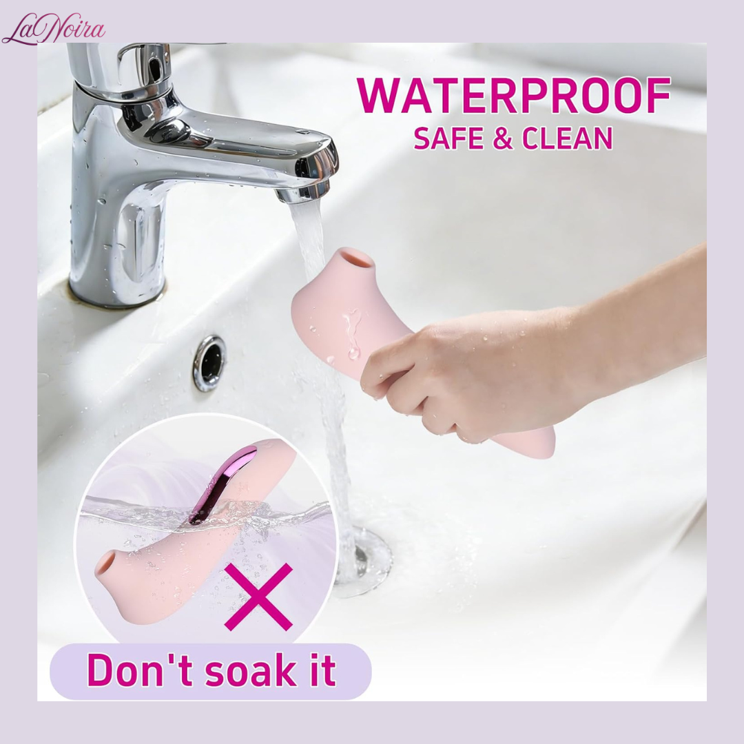 LaNoira Aura waterproof clitoral stimulator being rinsed under running water