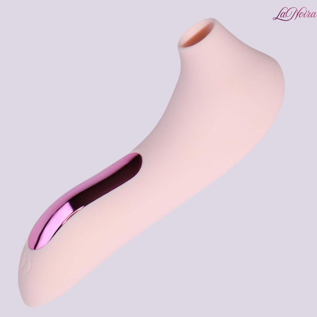 LaNoira Aura pink clitoral stimulator highlighting metallic accent and air-pulse opening
