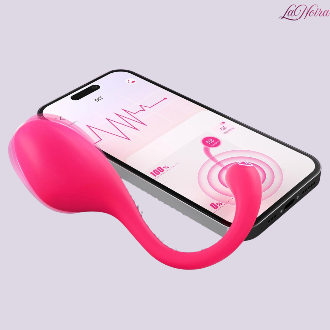 LaNoira Carola wearable vibrator placed beside smartphone displaying app control and intensity levels