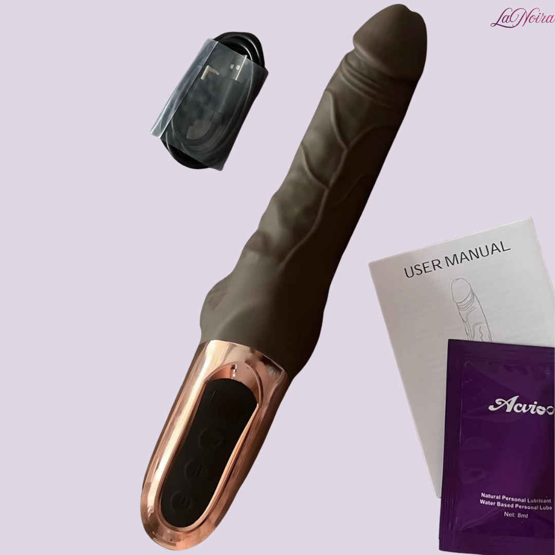 LaNoira Evolve thrusting dildo with accessories including charging cable and user manual