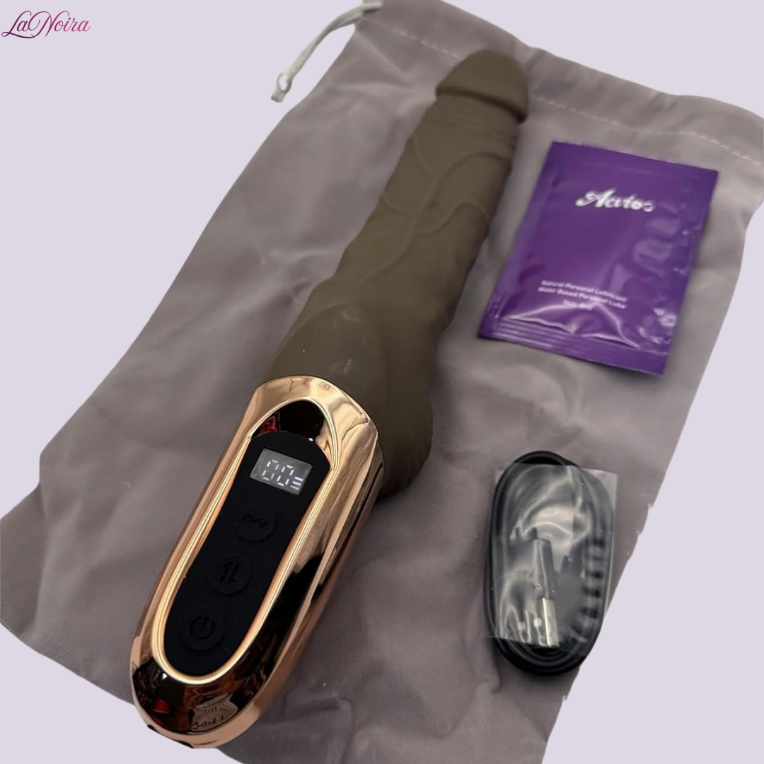 LaNoira Evolve thrusting dildo placed on storage pouch with LED display active and control panel visible