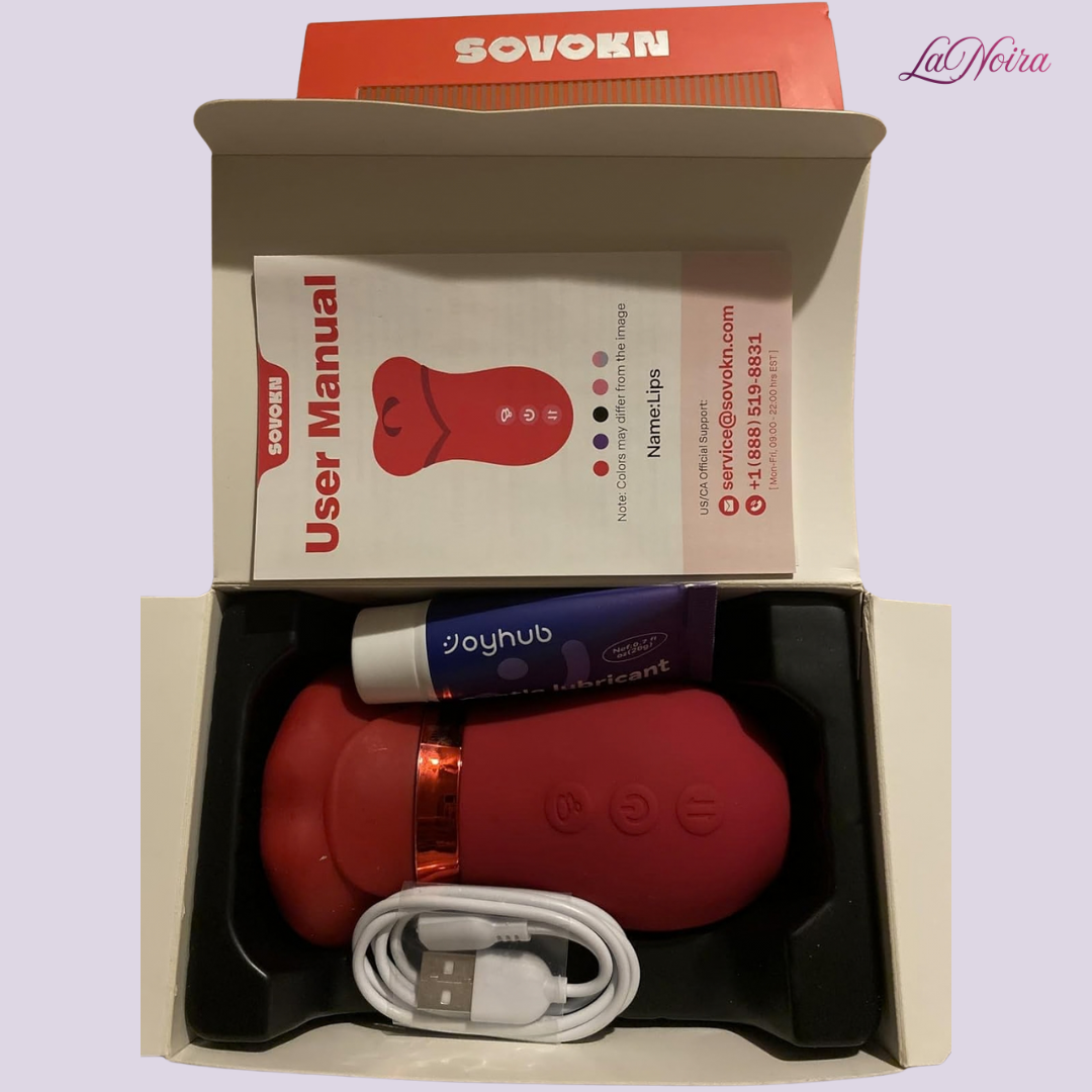 LaNoira Lingua Pulse smart tongue vibrator box contents with USB cable, lubricant and manual