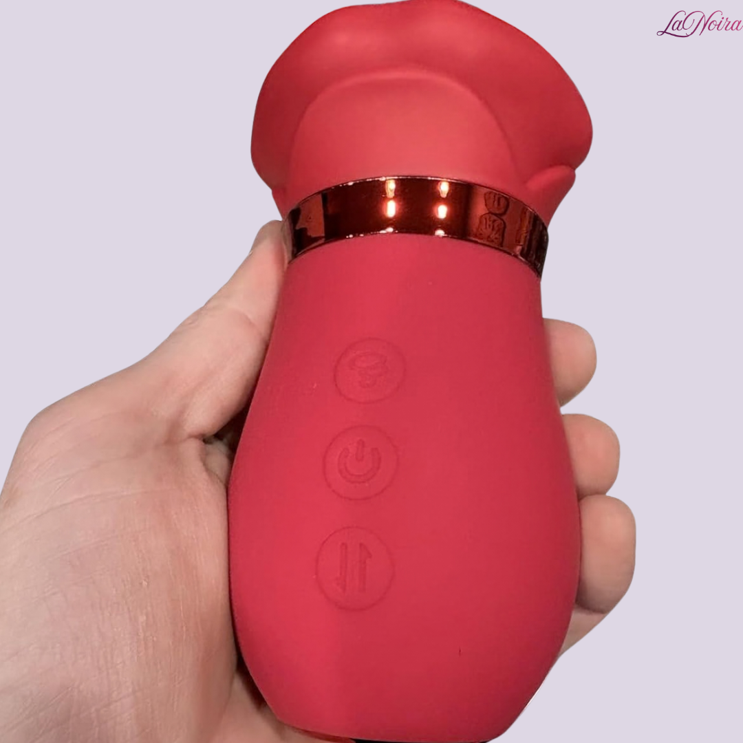 LaNoira Lingua Pulse smart tongue vibrator held in hand showing control buttons