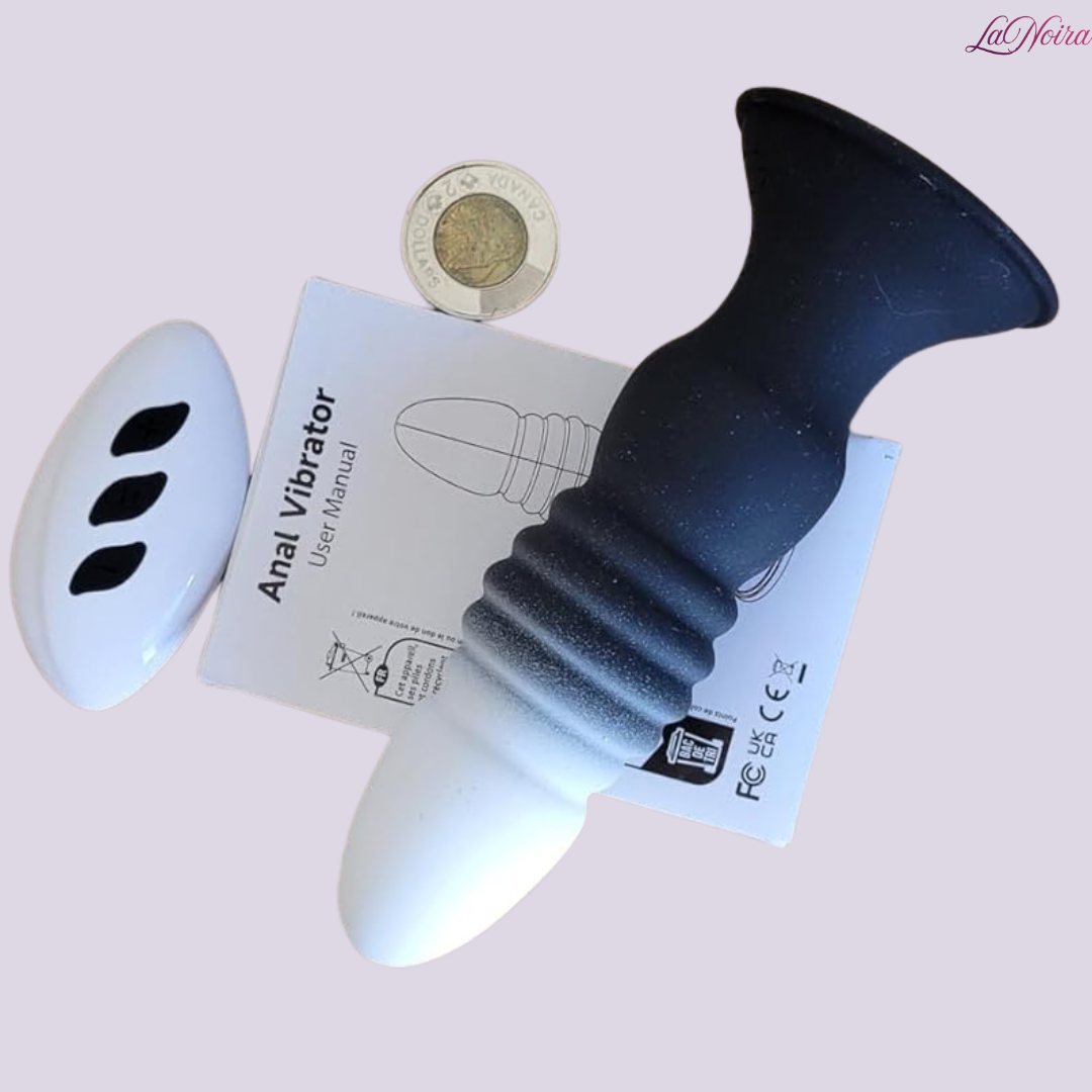 LaNoira RippleThrust silicone anal plug shown with user manual, wireless remote, and size reference coin