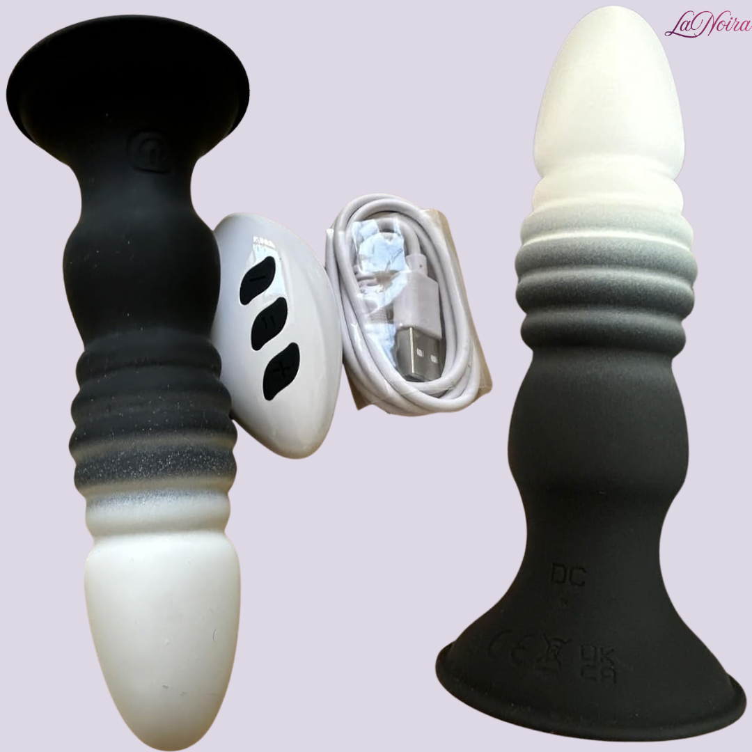 LaNoira RippleThrust anal plug components including silicone plug, wireless remote, and USB charging cable