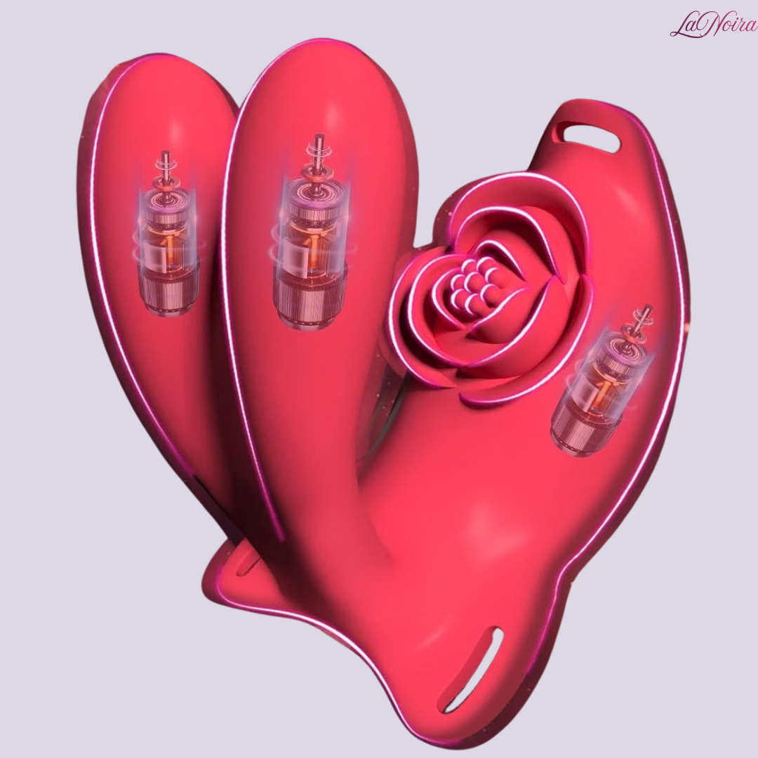 LaNoira RosePulse couples vibrator close-up showing dual-arm design and internal motor layout illustration
