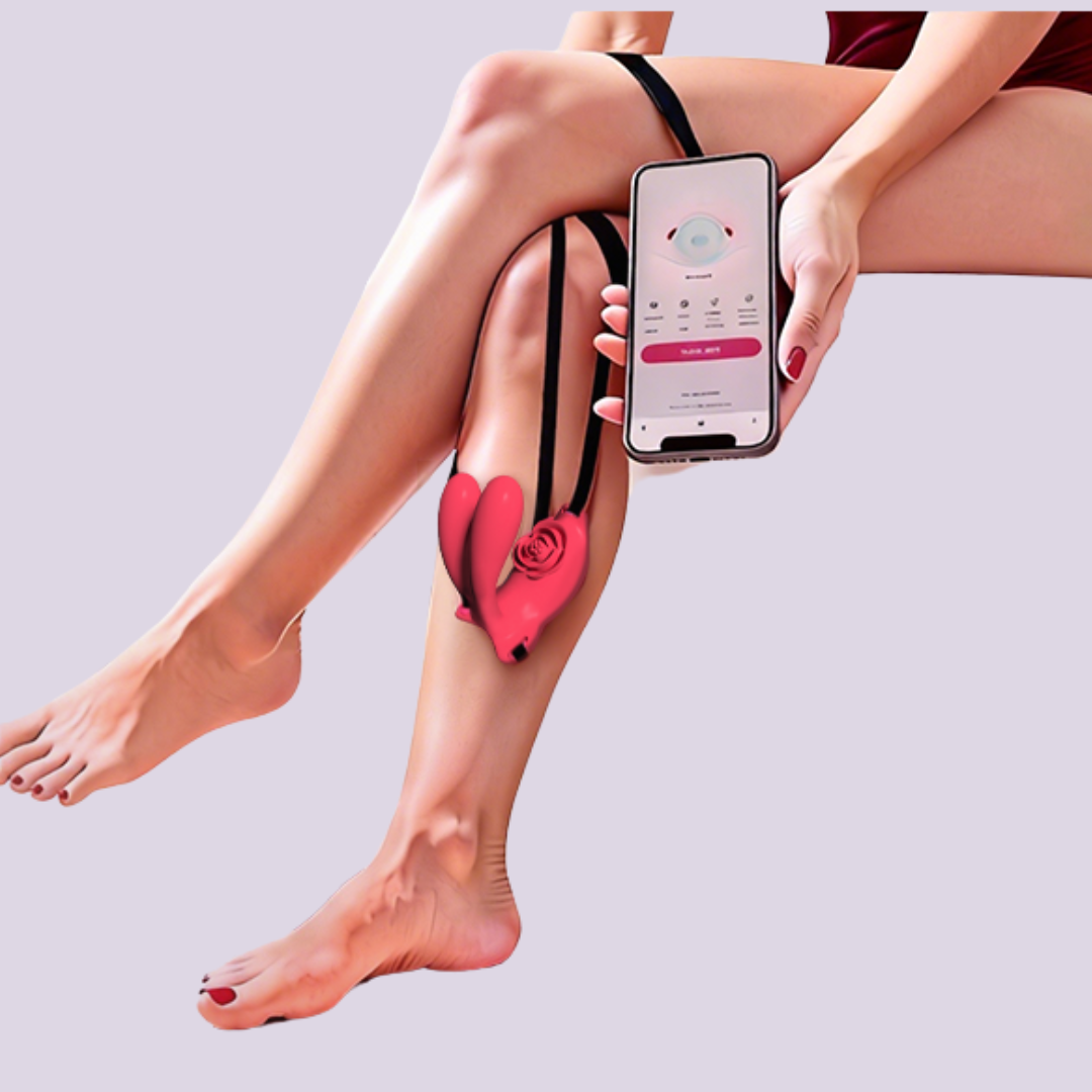LaNoira RosePulse app-controlled couples vibrator worn with adjustable strap, shown with smartphone control interface
