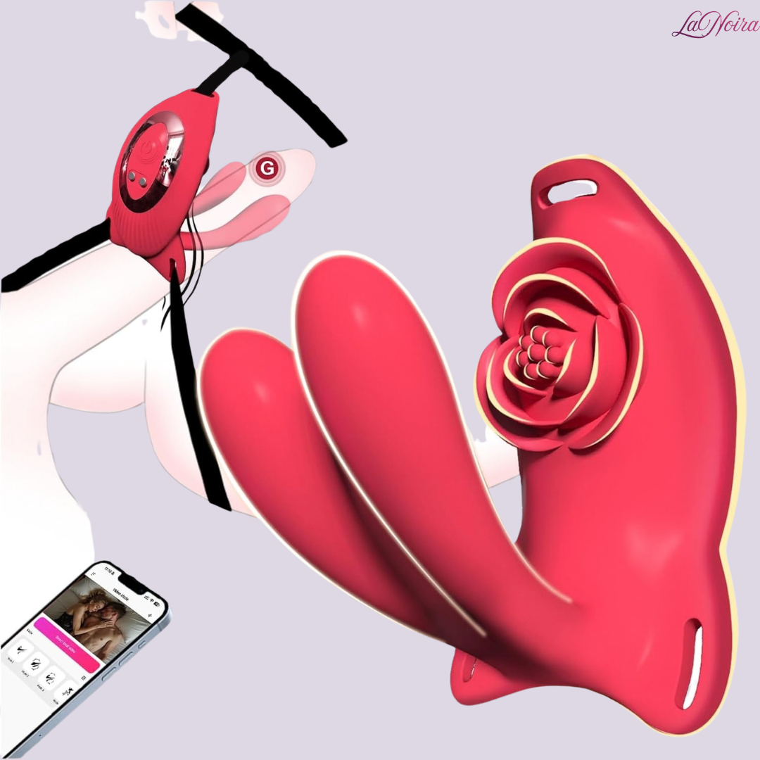 LaNoira RosePulse app-controlled couples vibrator with rose-inspired stimulator and dual flexible arms, shown in red