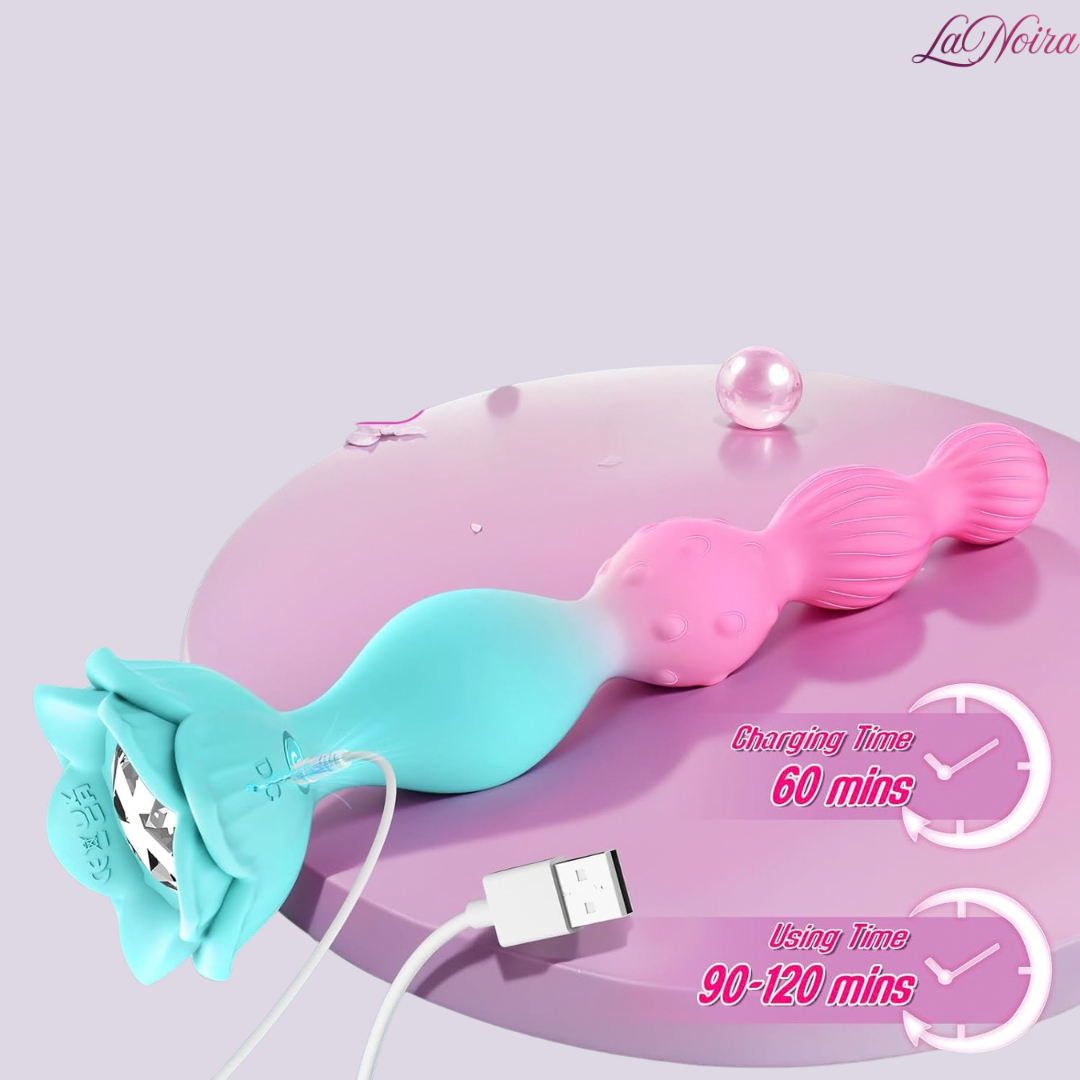 LaNoira Siren vibrating anal beads connected to USB charger highlighting charging time and usage duration