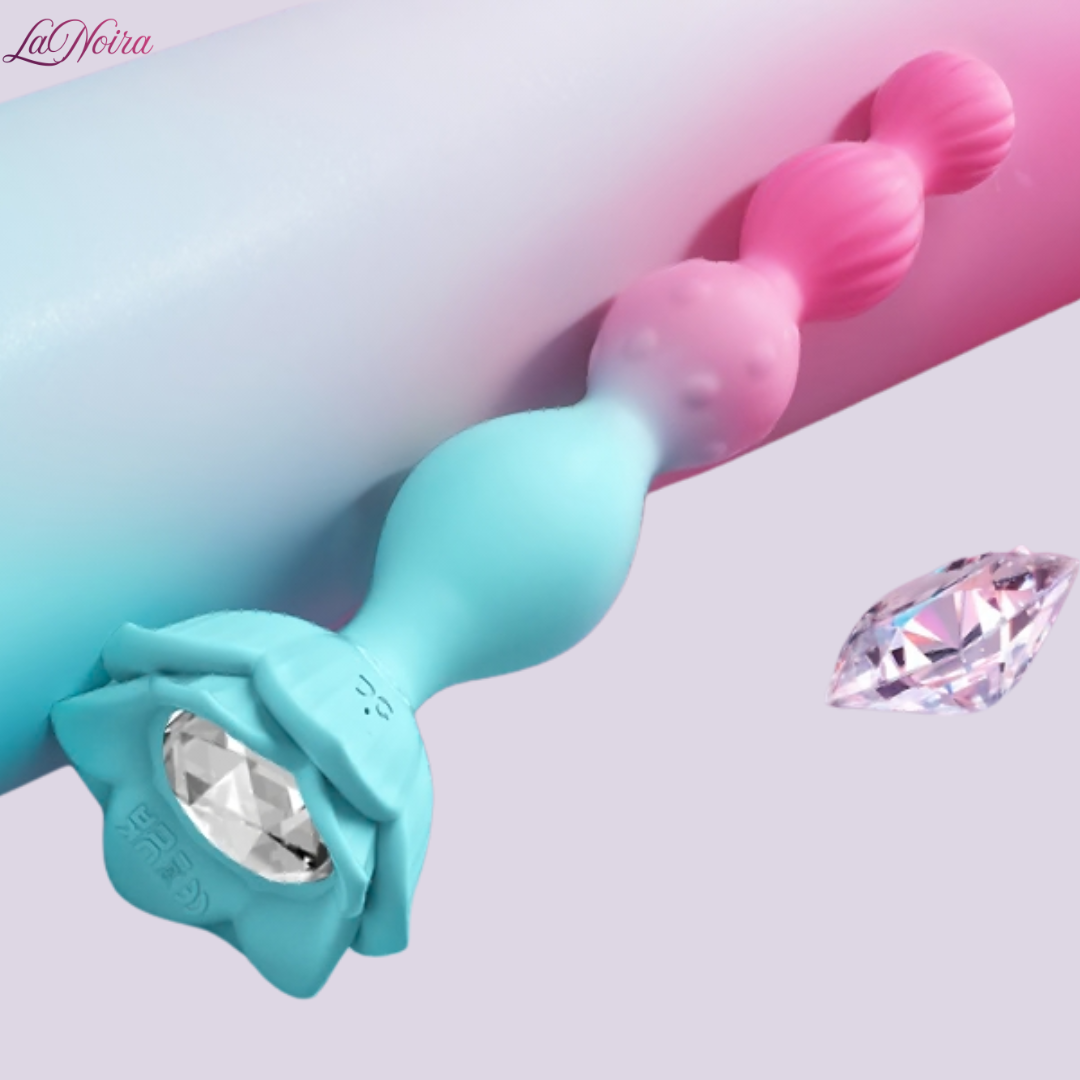 Close-up of LaNoira Siren vibrating anal beads showing textured bead surface and flexible silicone body