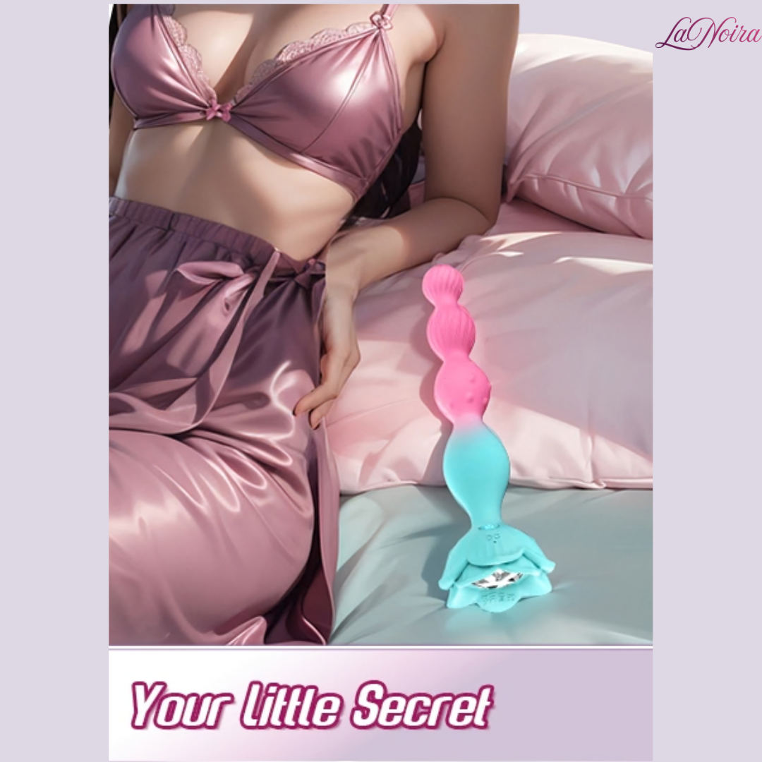 LaNoira Siren vibrating anal beads lifestyle display on bedding with discreet placement