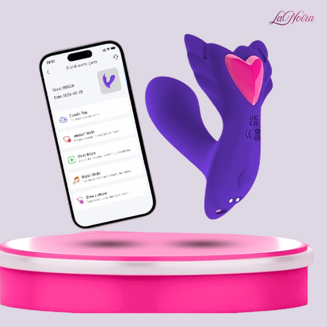 Purple wearable vibrator with heart-shaped accent displayed beside smartphone showing app control interface