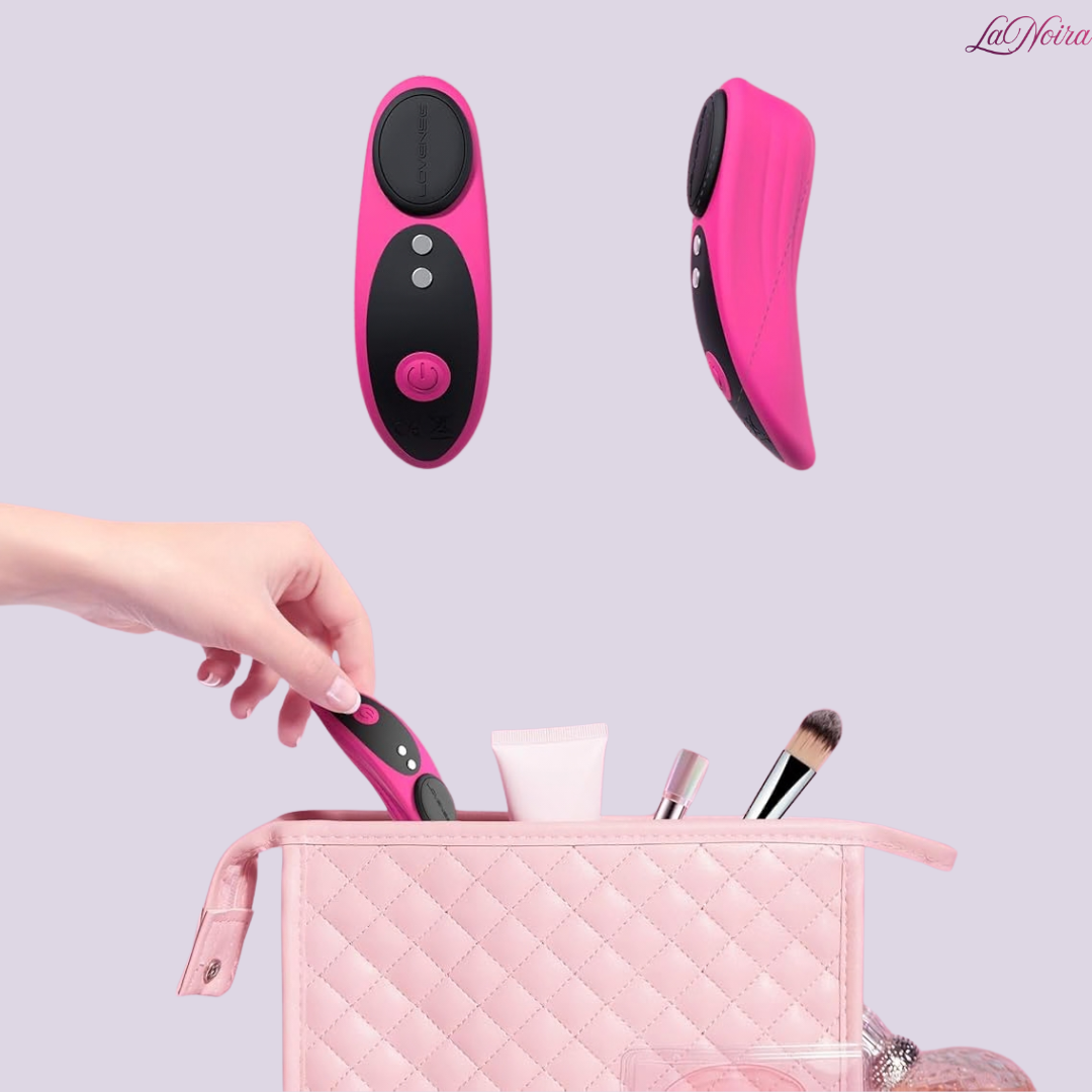 Lovense Ferri wearable panty vibrator shown with cosmetic pouch to highlight compact and travel-friendly size