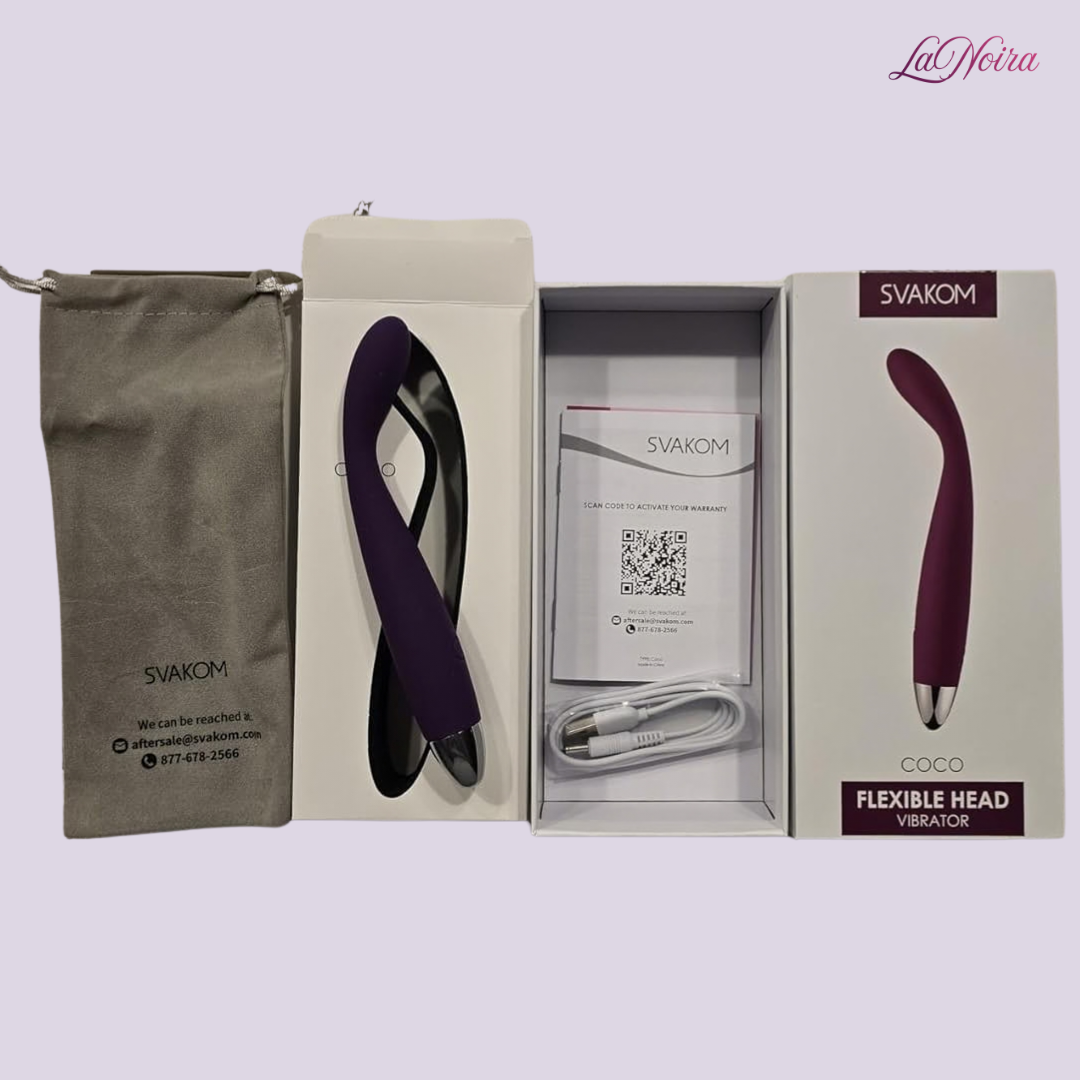 SVAKOM Coco purple curved vibrator with water droplets, flexible silicone head detail