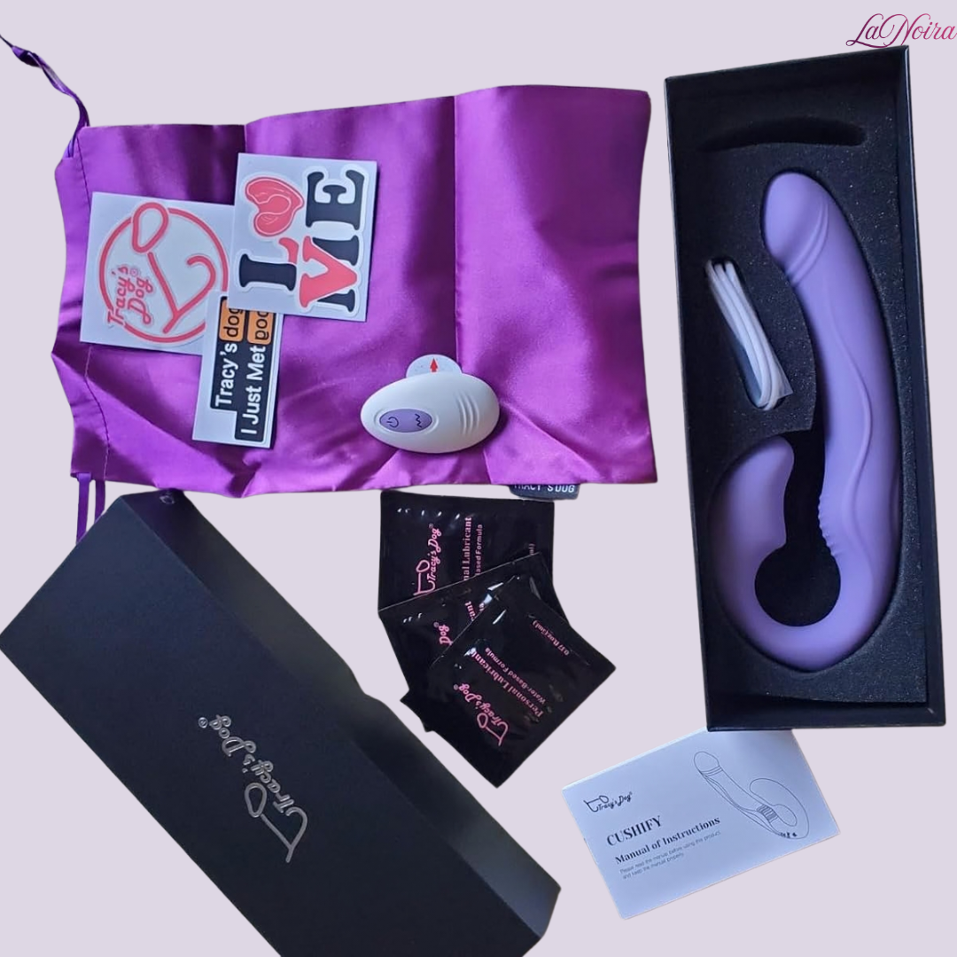 Tracy’s Dog Cushify strapless strap-on vibrator complete kit displayed with storage pouch, remote, charging cable, and accessories