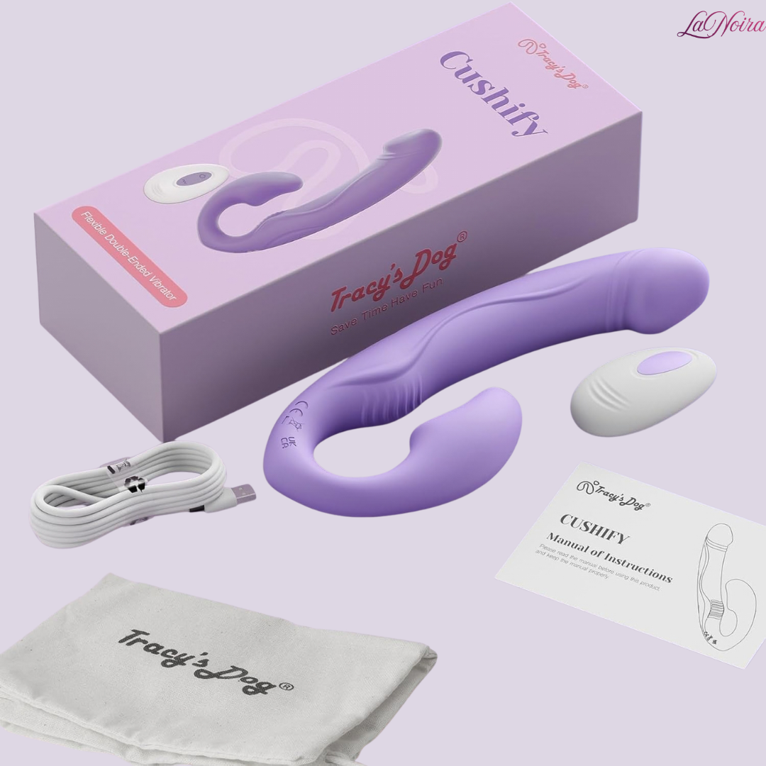 Tracy’s Dog Cushify strapless strap-on vibrator shown with retail box, remote control, charging cable, and instruction manual