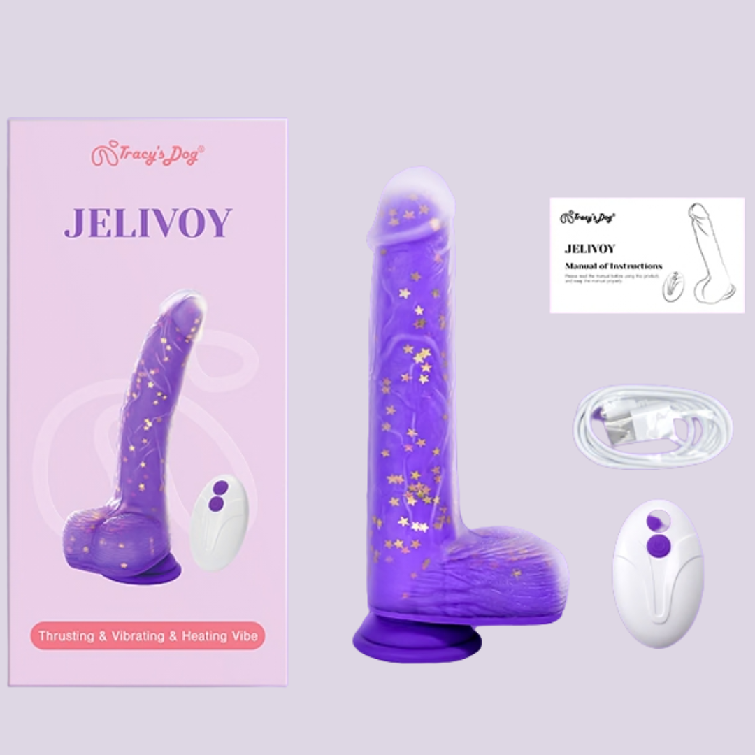 Tracy’s Dog Jelivoy purple dual-density thrusting dildo displayed upright with wireless remote control and accessories.