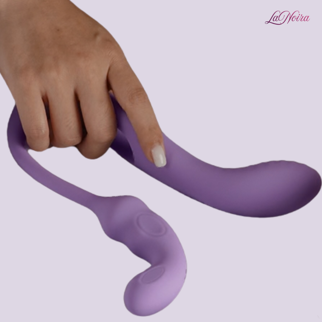 Tracy’s Dog Wizzy transformable rabbit vibrator held in hand showing bendable, ergonomic silicone design