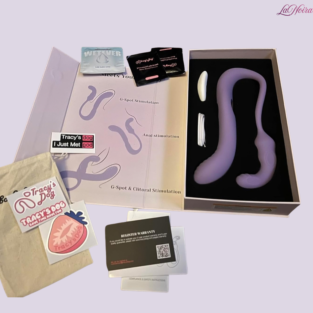 Tracy’s Dog Wizzy vibrator complete kit including silicone toy, remote control, charging cable, pouch, and manuals