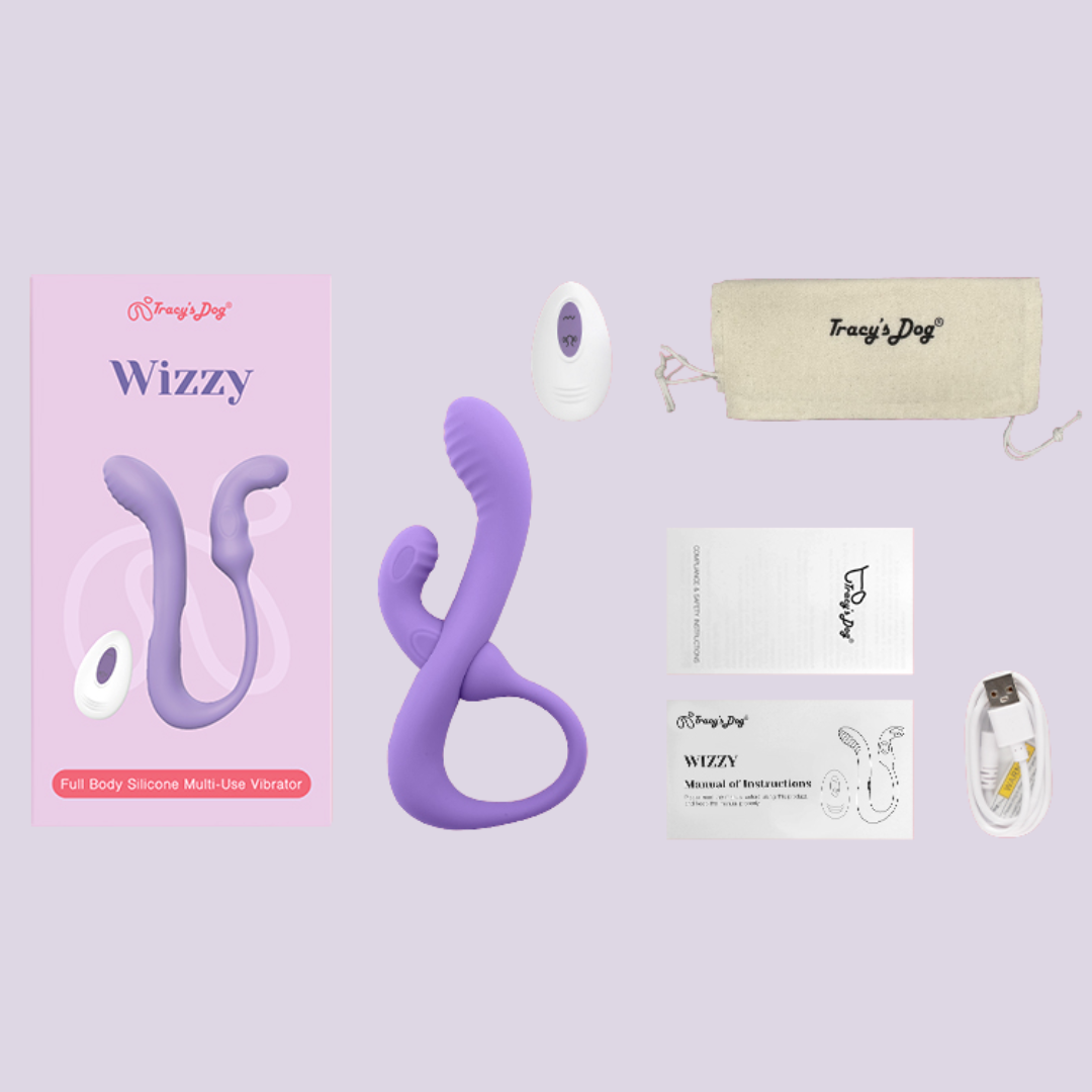 Tracy’s Dog Wizzy transformable rabbit vibrator accessories including remote, storage pouch, charging cable, and instruction manual