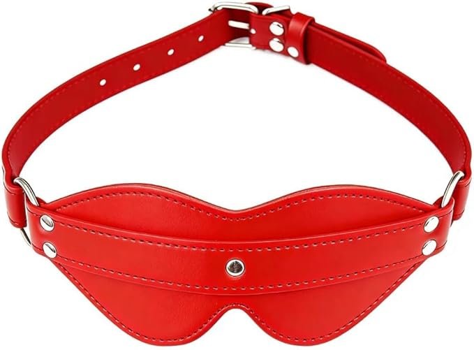 Red leather blindfold with curved eye shape, central rivet detail and adjustable strap on white background