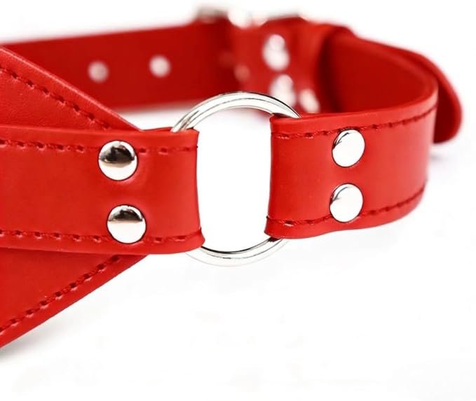 Close-up of blindfold side strap showing metal ring connector and rivet fastening details