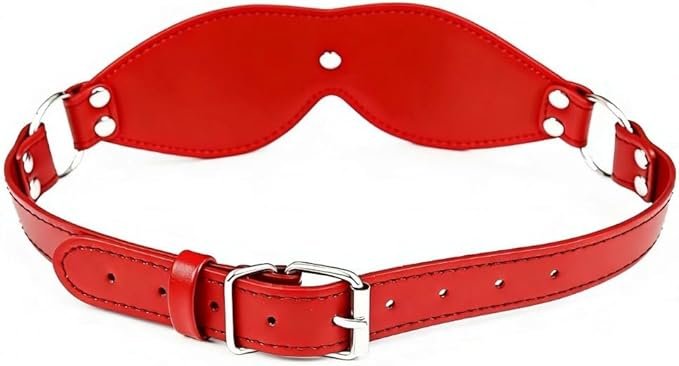 Rear view of red leather blindfold with adjustable buckle strap and multiple size holes